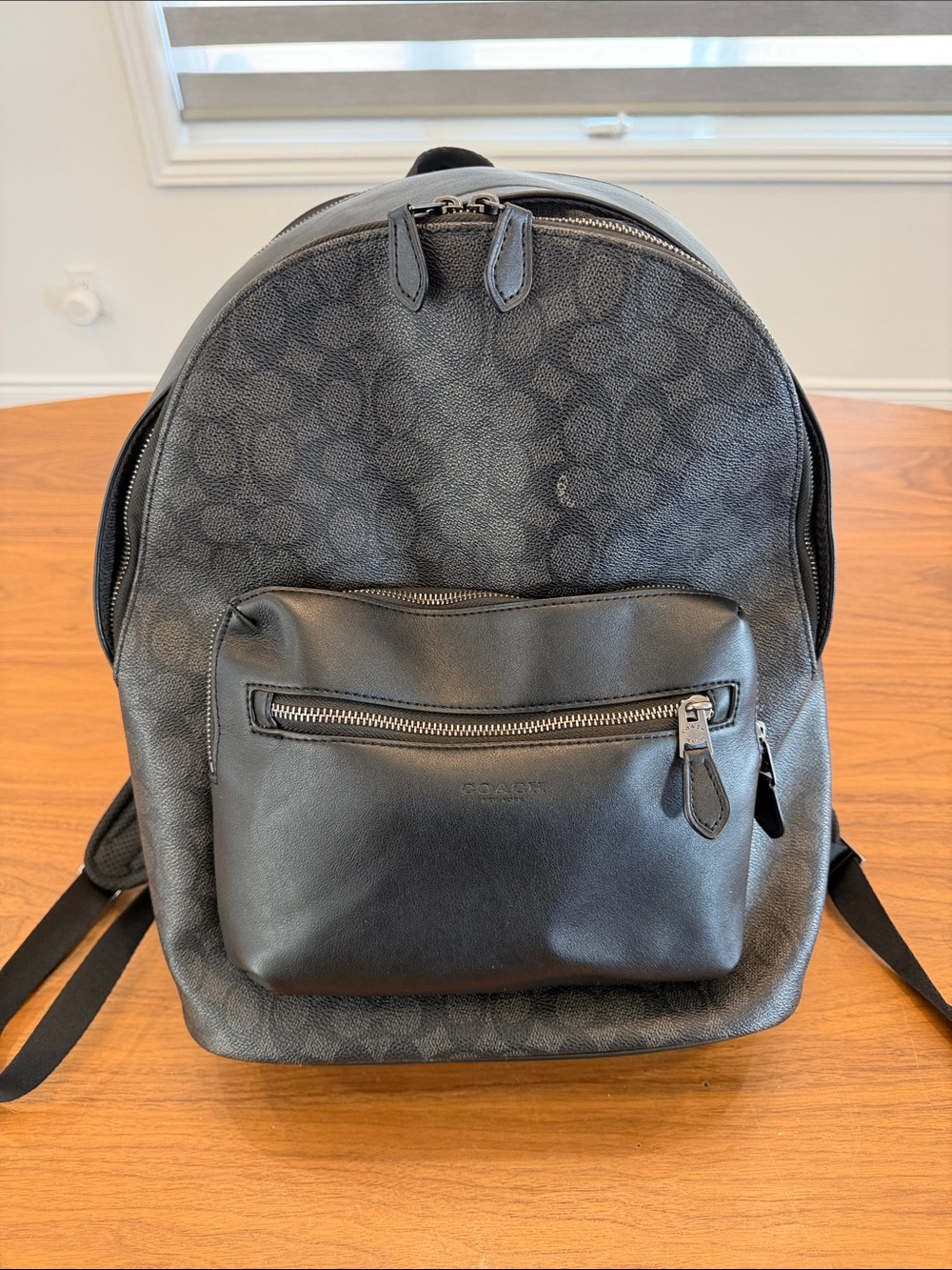 Coach Men's Charcoal Signature Canvas Backpack with Black Leather Trim